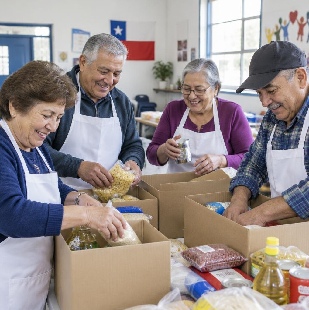 Older volunteers packing food boxes together at a neighborhood center